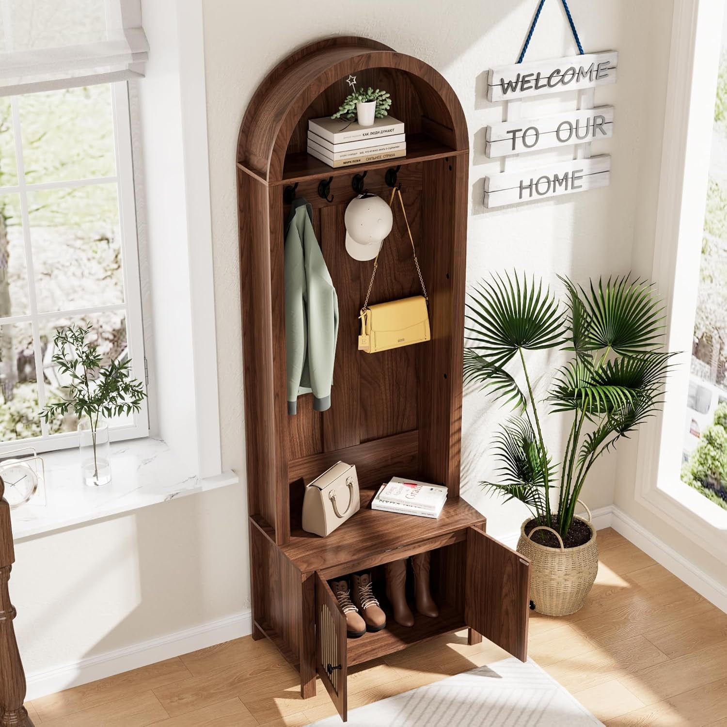 Hall Tree with Bench and Shoe Storage, Entryway Storage Bench with Coat Rack, 70.9" Arch Coat Rack with 4 Hooks and 2 Fluted Doors, Farmhouse Style Furniture Organizer for Hallway,Mud Room