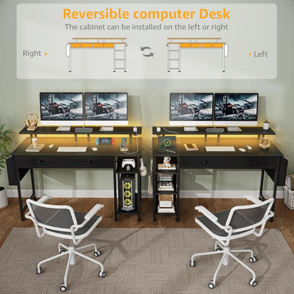 Black Gaming Desk with Shelves and Drawers - 39 Inch Small Gaming Desk with Storage Shelves for Boys Teens Bedroom, Black Computer Desks with Drawers, Monitor Stand, Power Outlet
