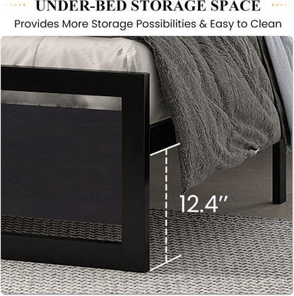 Queen Size Bed Frame with Modern Headboard, Heavy Duty Platform Metal Base with Square Footboard and 13 Strong Slats Support, No Box Spring Needed, Black