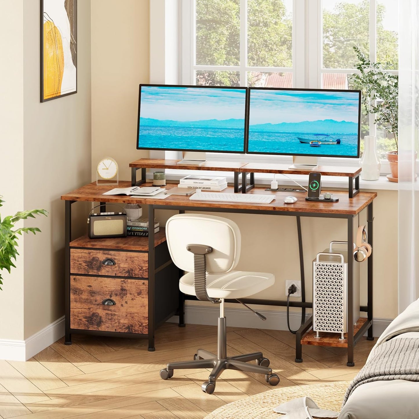 47" Computer Desk with File Cabinet and Power Outlets, Home Office Desk with 2 Monitor Stands and Storage Drawer, Writing Gaming Table with Shelves and 2 Hooks for Bedroom, Rustic Brown