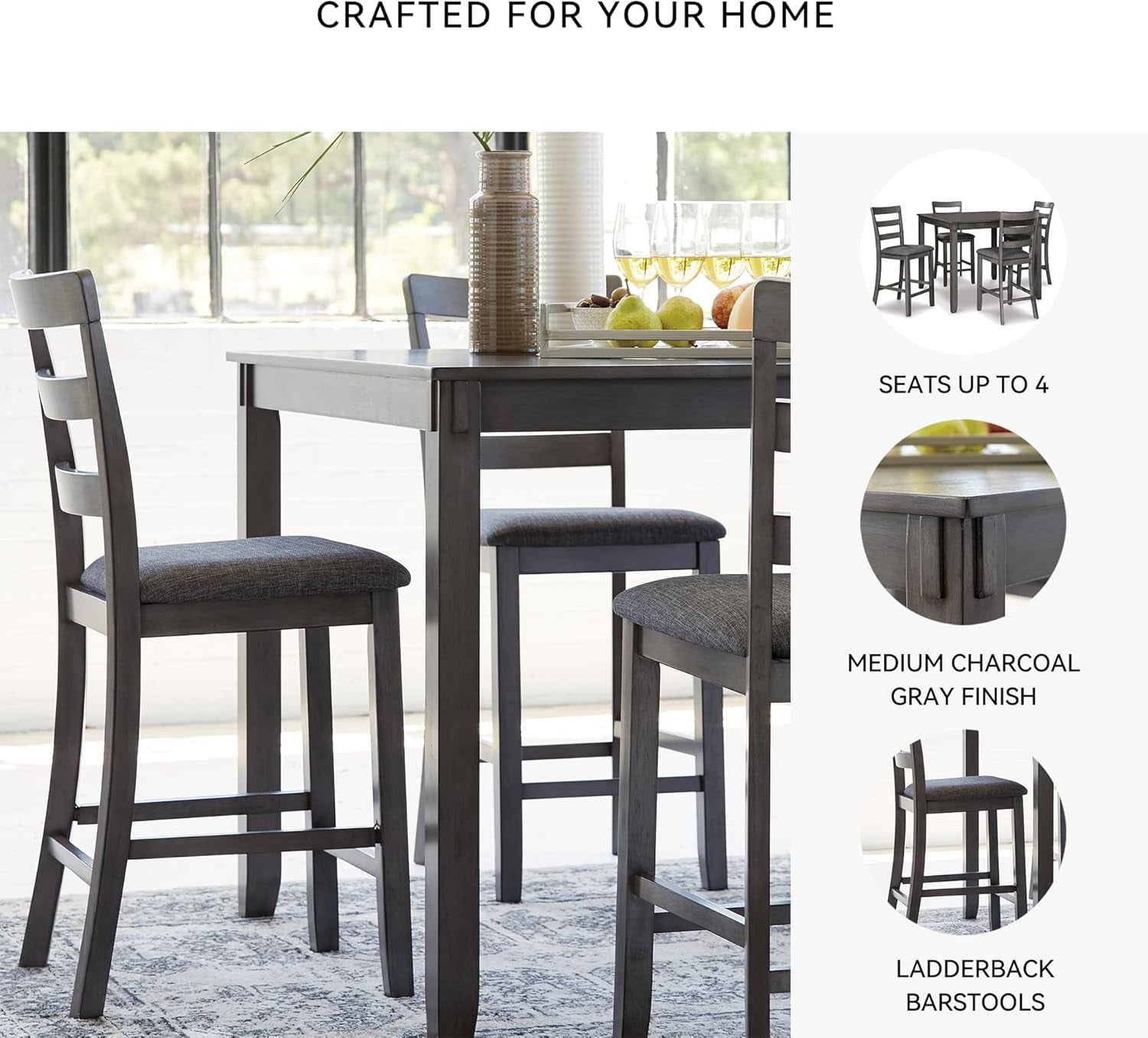 Bridson 5 Piece Counter Height Dining Room Set, Includes Table & 4 Bar Stools, Gray
