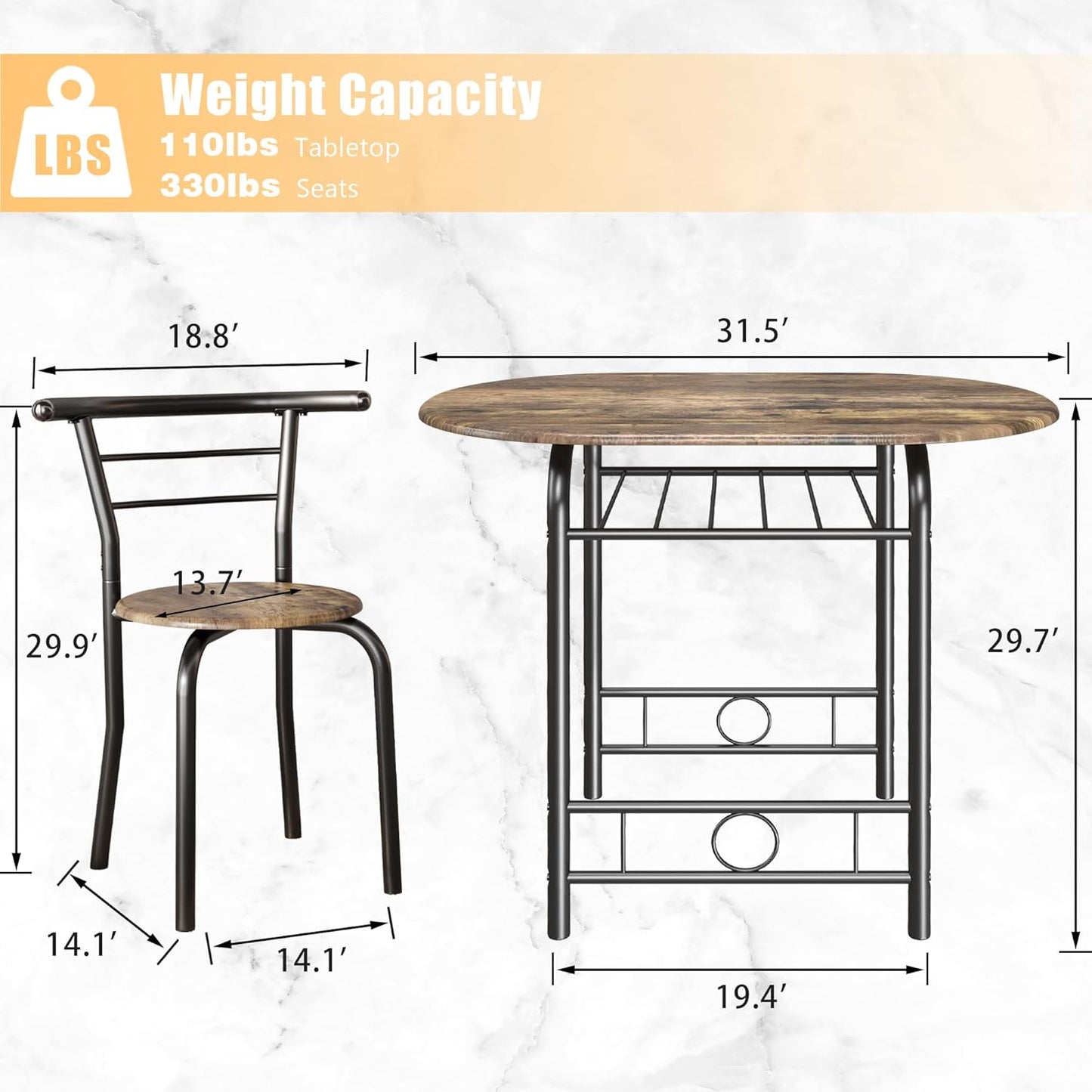 3-Piece Wooden round Table & Chair Set, Space Saving Kitchen Breakfast Nook Wood Grain Tabletop with Metal Frame and Built-In Wine Rack for Kitchen, Dining Room (Walnut/Black)