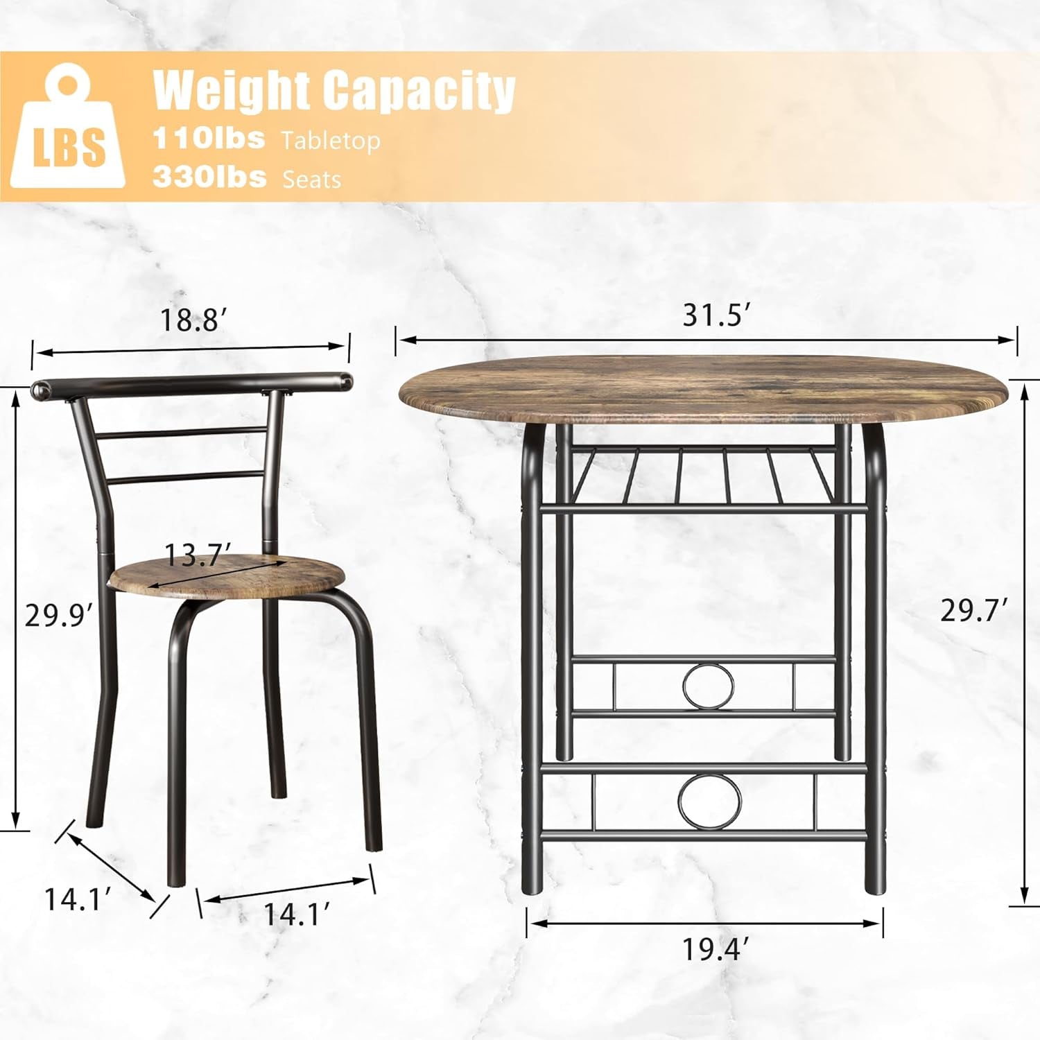 3-Piece Wooden round Table & Chair Set, Space Saving Kitchen Breakfast Nook Wood Grain Tabletop with Metal Frame and Built-In Wine Rack for Kitchen, Dining Room (Walnut/Black)