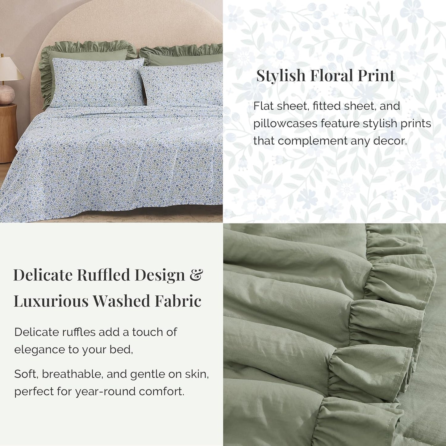 Queen Comforter Set - 7 Pieces Ruffle Sage Green Bedding Sets, Shabby Chic Farmhouse Bed in a Bag Queen with Ruffle Comforter, Floral Sheets, Pillowcases & Shams