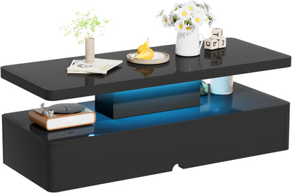 Modern LED Coffee Table, 40" Living Room Tables with 16 Colors LED Lights, Double-Layer Design, Stylish Coffee Tables for Living Room, Black