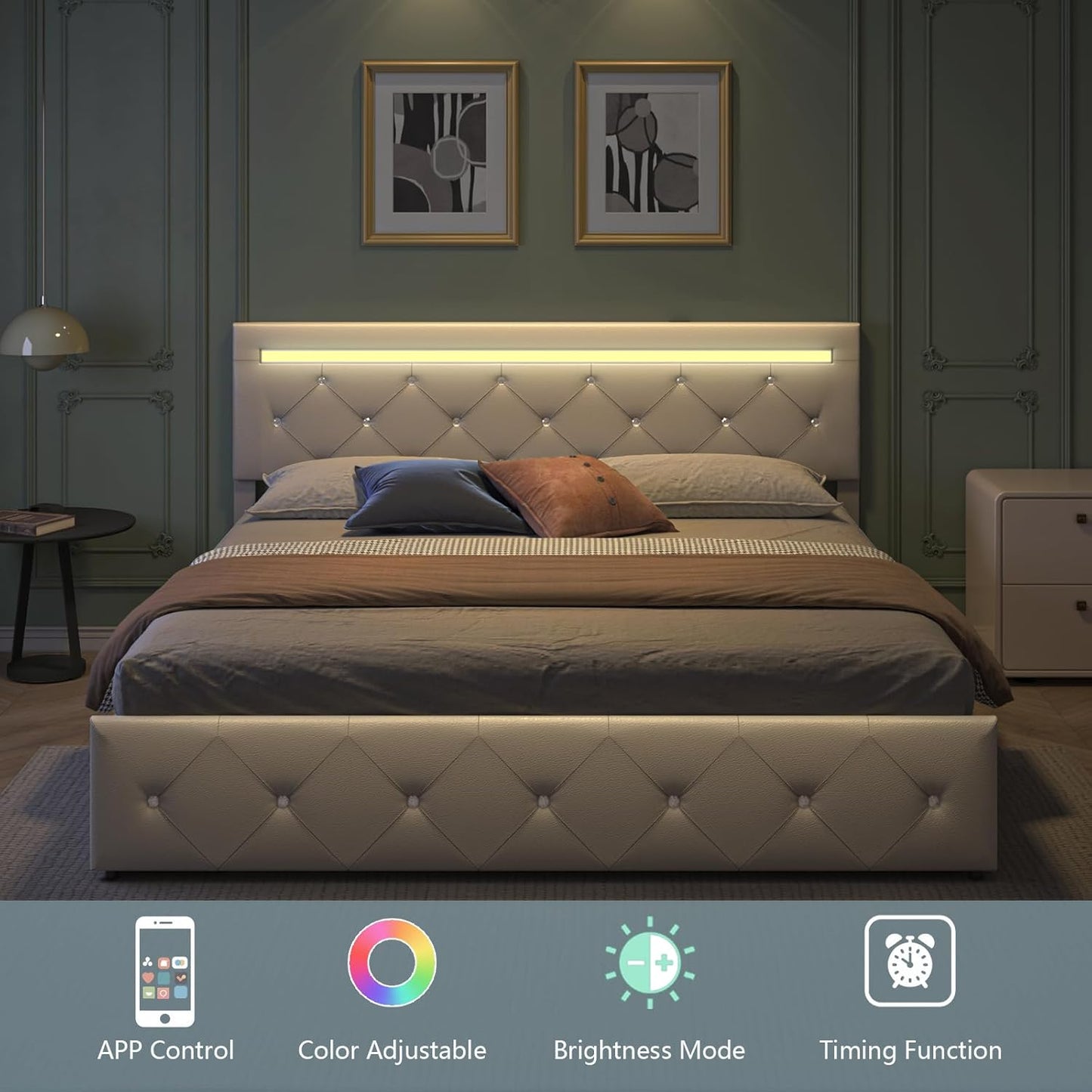 Bed Frame Full Size with LED Light and Storage Drawers, Adjustable Headboard with PU Leather Upholstered, 2 Sockets and 2 USB Ports, No Box Spring Needed,Wooden Slats Support, White.