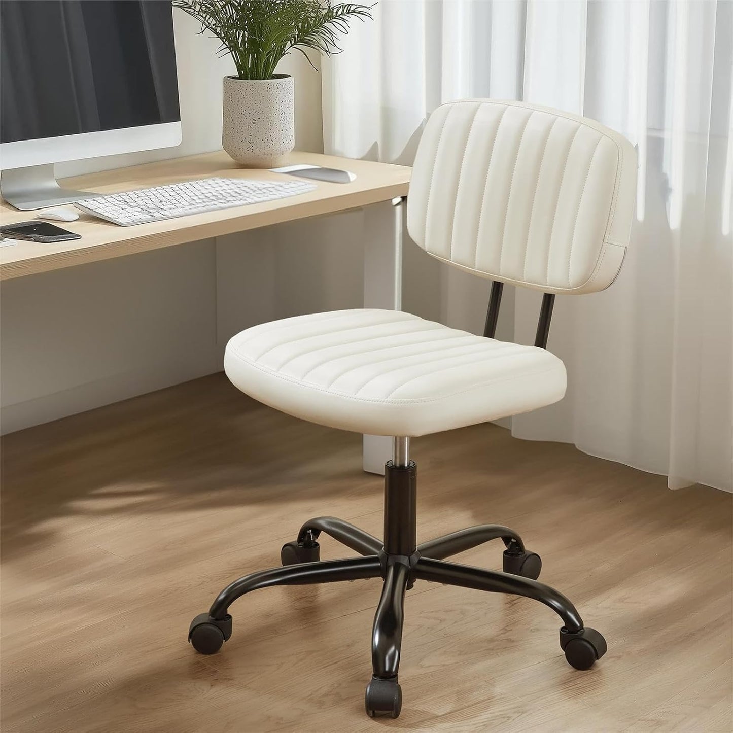 Small Office Desk Chair - Armless PU Leather with Comfy Lumbar Support, Height Adjustable Rolling Swivel Task for No Arms, for Adult, Student, Bedroom, Home, Vanity, Beige White