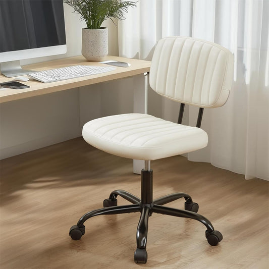 Small Office Desk Chair - Armless PU Leather with Comfy Lumbar Support, Height Adjustable Rolling Swivel Task for No Arms, for Adult, Student, Bedroom, Home, Vanity, Beige White