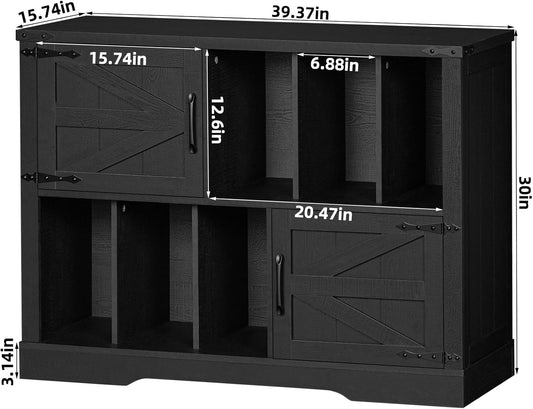 Large Record Player Stand with Vinyl Storage up to 450 Albums, 39 Inch Farmhouse Vintage Wood Black Storage Cabinet with Barn Doors, Mid-Century Modern Turntable Stand for Bedroom, Living Room