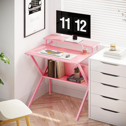 Small Desk, 27.5 Inch Computer Desk for Small Spaces, Study Desk with Storage & Monitor Stand, Pink