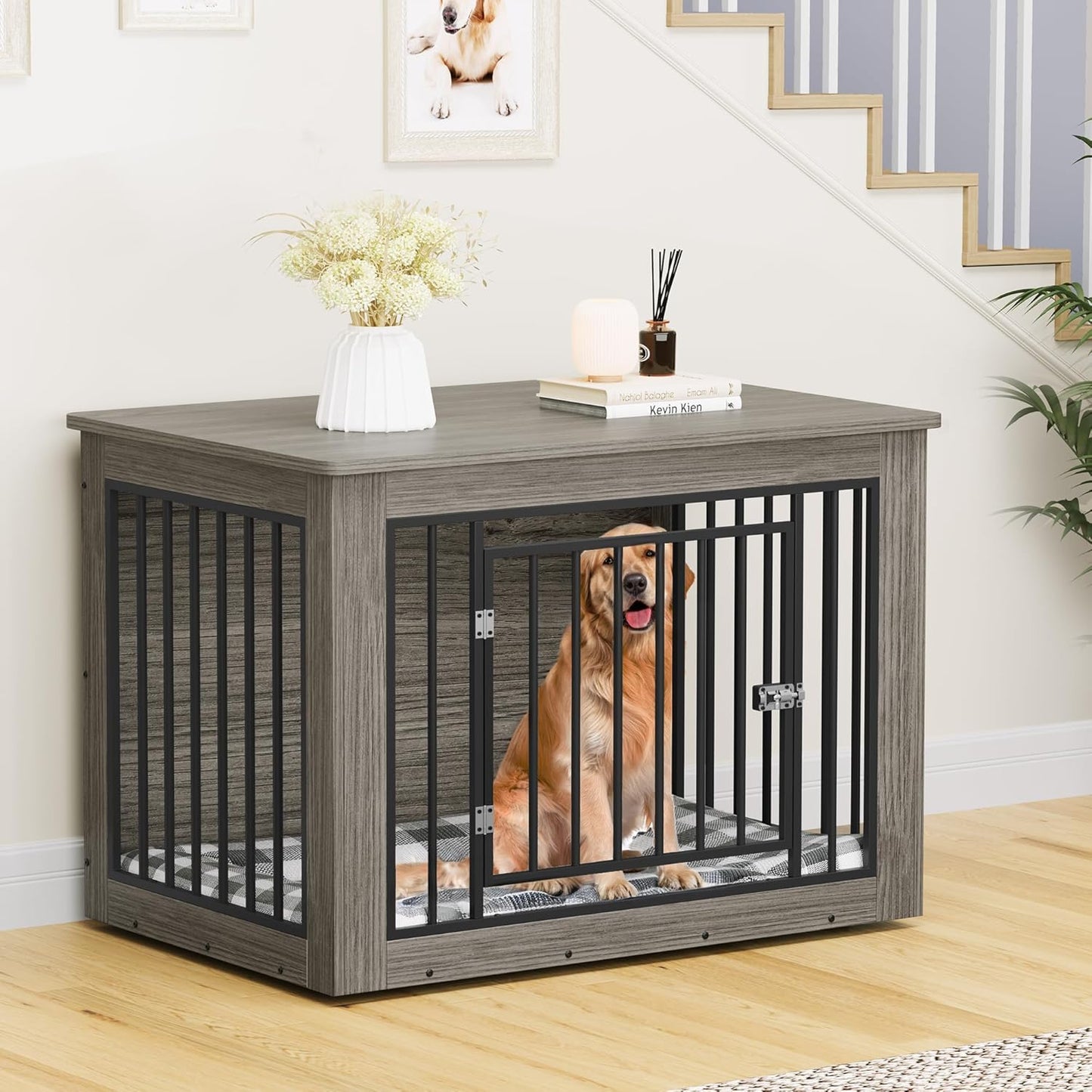 27.2" L Dog Crate Furniture for Medium Dogs, 2-In-1 Iron-Wood Fusion Dog Cage Indoor up to 30 Lb, Side End Table, Modern Dogs Kennel with Waterproof Top, Safety Corners,Steel Lock,Rustic