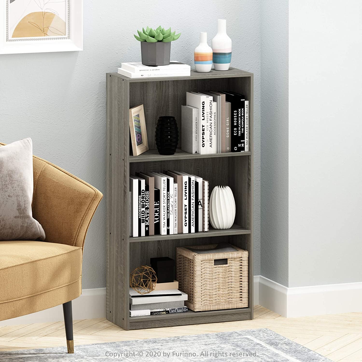 Basic 3-Tier Bookcase Storage Shelves, French Oak Grey