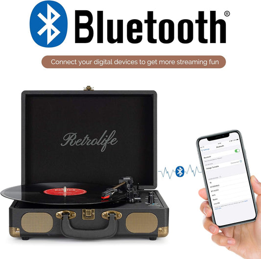 Vinyl Record Player 3-Speed Bluetooth Suitcase Portable Belt-Driven Record Player with Built-In Speakers RCA Line Out AUX in Headphone Jack Vintage Turntable