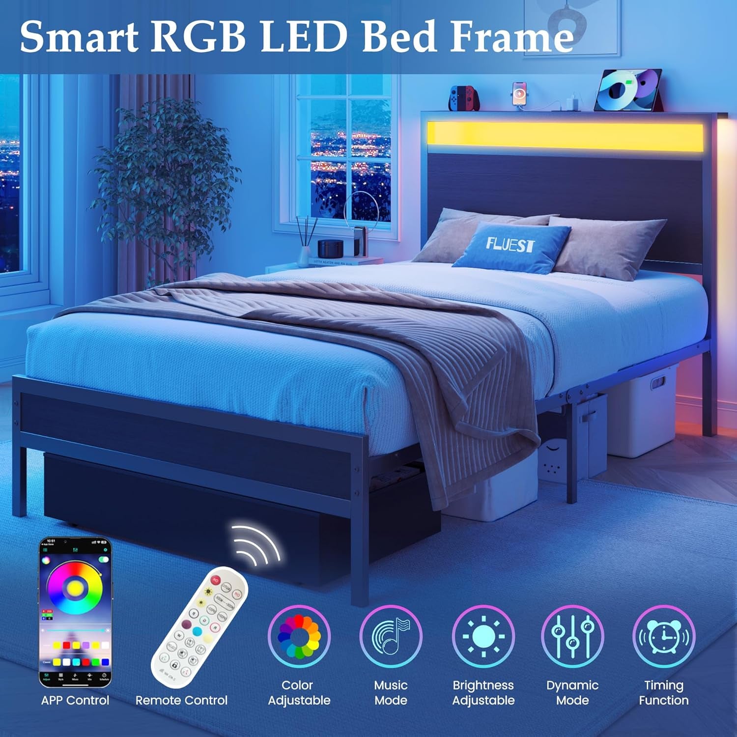 Twin Bed Frame,Twin Bed Frame with Storage Headboard & Storage Drawer, Charging Station & LED Light, No Box Spring Needed, Noise Free, Easy Assembly, Classic Black