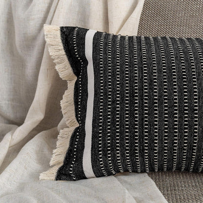 Modern Throw Pillow Cover with Tassels, Decorative Liana Fringe Accent Cushion Case, Farmhouse Woven Pillowcase for Sofa Chair Couch Bed Decor (Lumbar 12 X 20 Inches, Black)