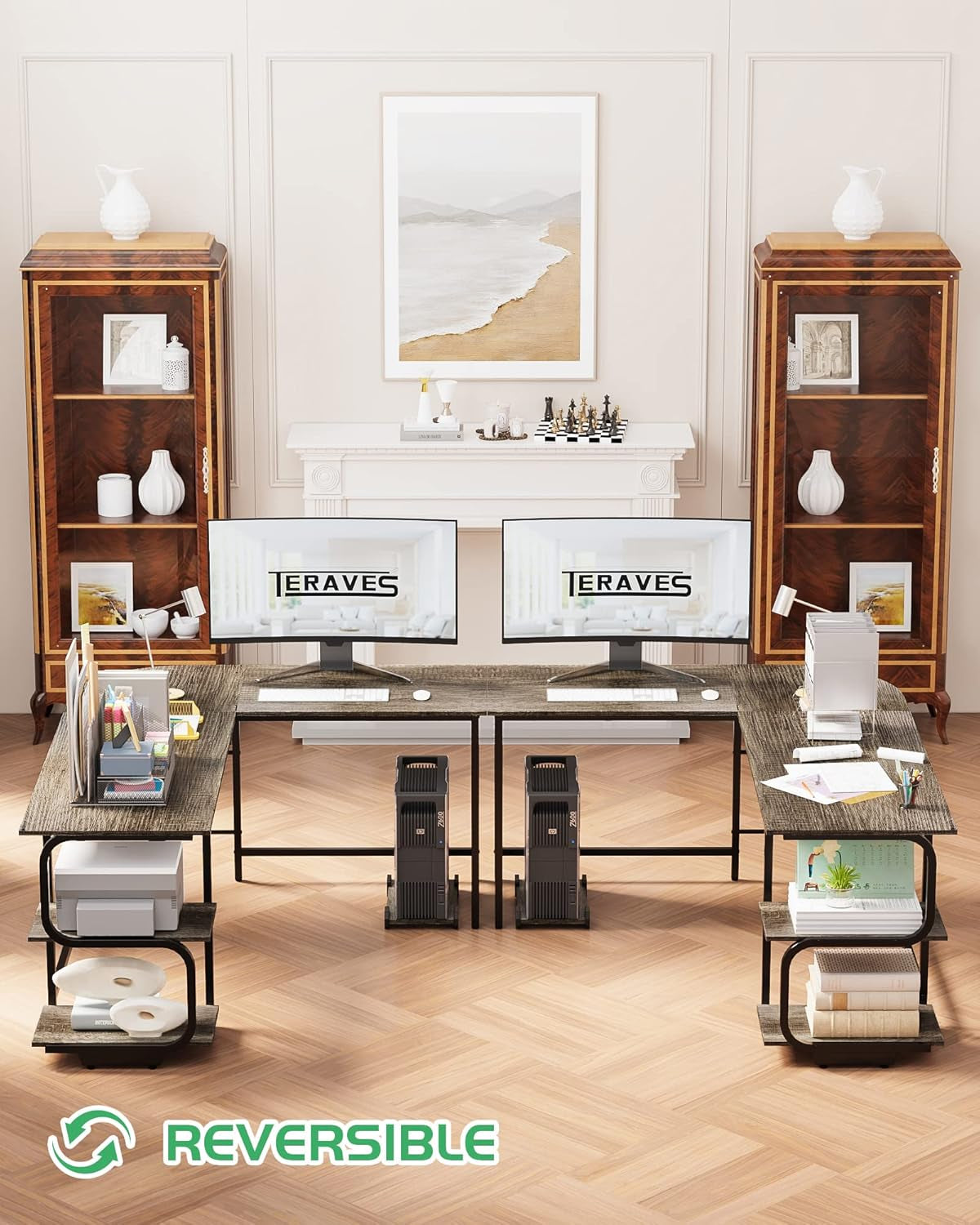 Reversible L Shaped Desk with Large Surface, 61 Inch Sturdy Corner Desk with Storage Shelves, Premium Office Computer Desk Workstation for Home Office Gaming