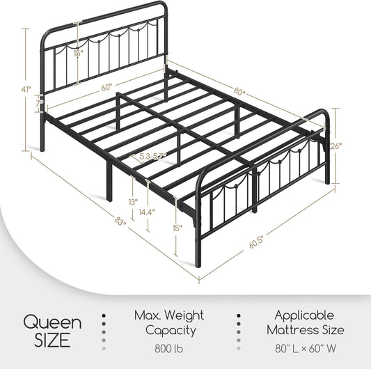 Queen Size Metal Bed Frames with Vintage Headboard and Footboard, Farmhouse Metal Platform Bed, Heavy Duty Steel Slat Support, Ample Under-Bed Storage, No Box Spring Needed, Black