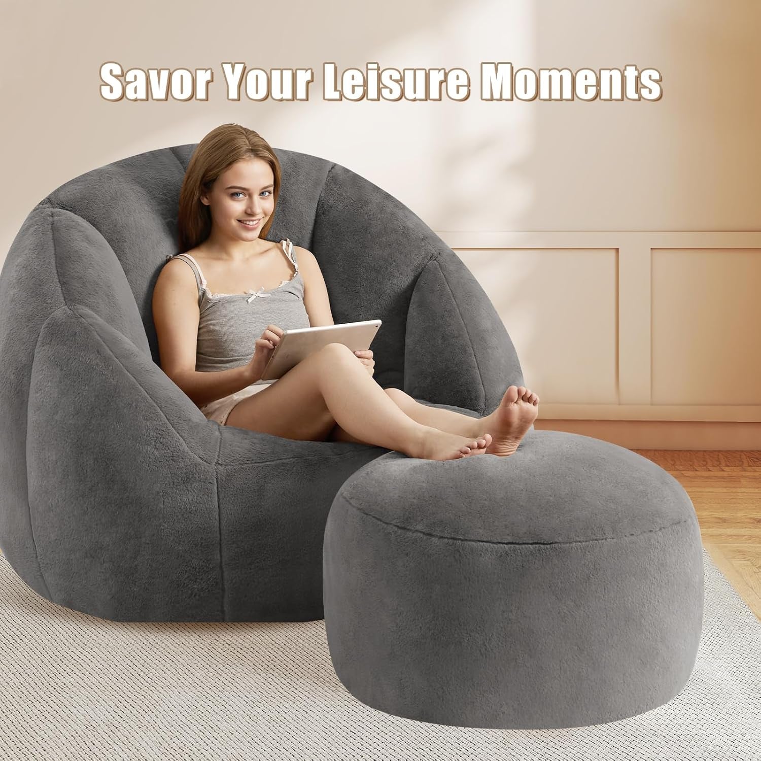 Round Pouf Ottoman Foot Rest, 29 X 18Inch Floor Poufs Footstool, a round Modern Foam Filled Foot Stool for Living Room, Home, Nursery, Dorm (Grey, 29Inch)