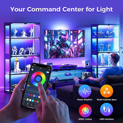Glass Display Cabinet with Glass Doors, 4-Tier Display Case with RGB Lights, Glass Cabinet Shelf for Collectibles and Storage, Black Curio Cabinet for Gaming Room