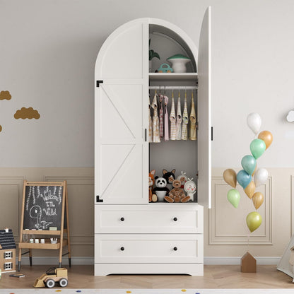 74.8" Armoire Wardrobe Closet with 2 Drawers and 2 Doors, Tall Bedroom Freestanding Armoire Storage Cabinet with Shelves, Wood Large Wardrobe Combination for Hanging Clothes (White)
