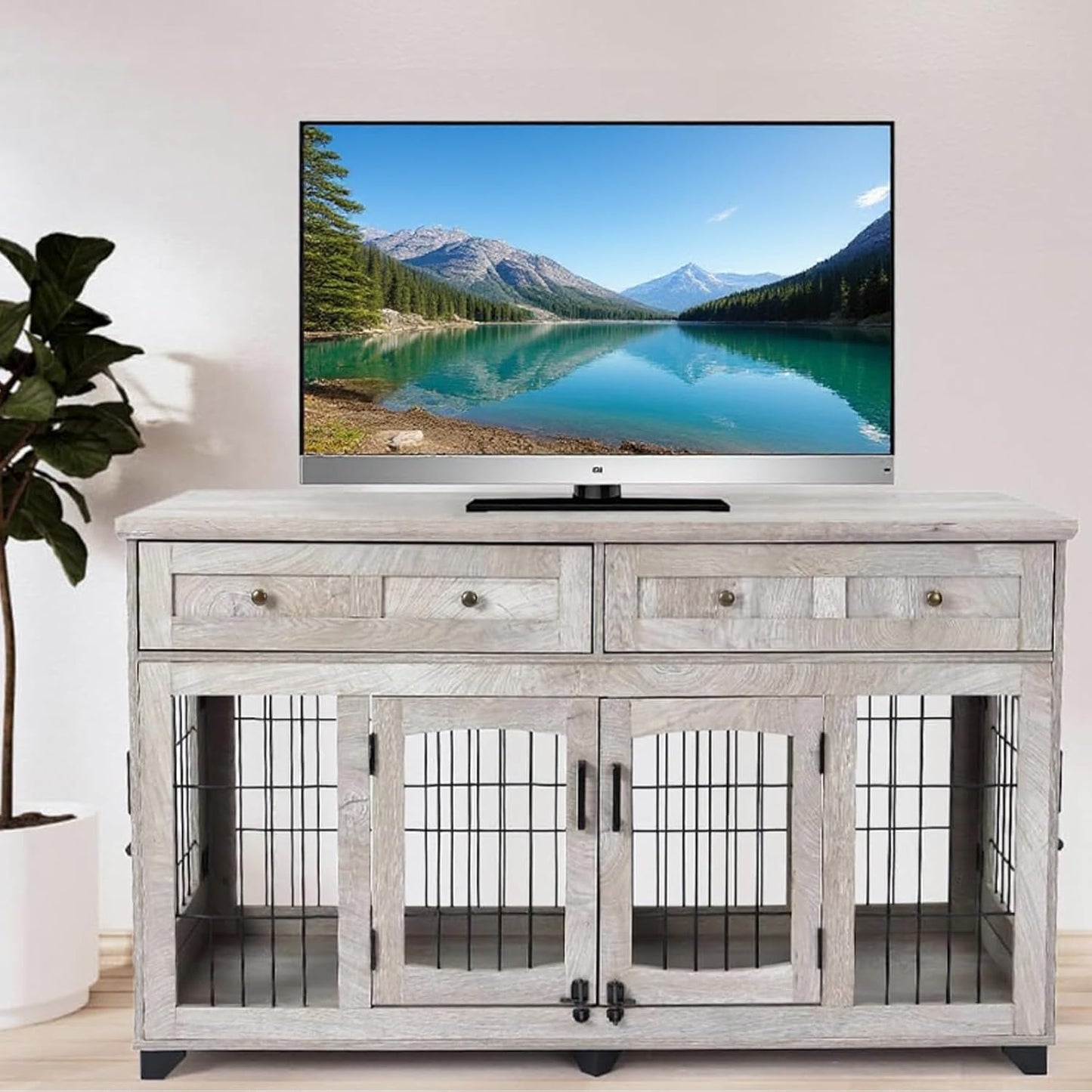 58" Dog Crate Furniture with 5 Doors & 2 Drawers, Wooden Indoor Pet House Kennel for 2 Dogs (Large/Medium Breeds), Openable Divider, Heavy Duty Double Dog Cage, TV Stand End Table,Grey