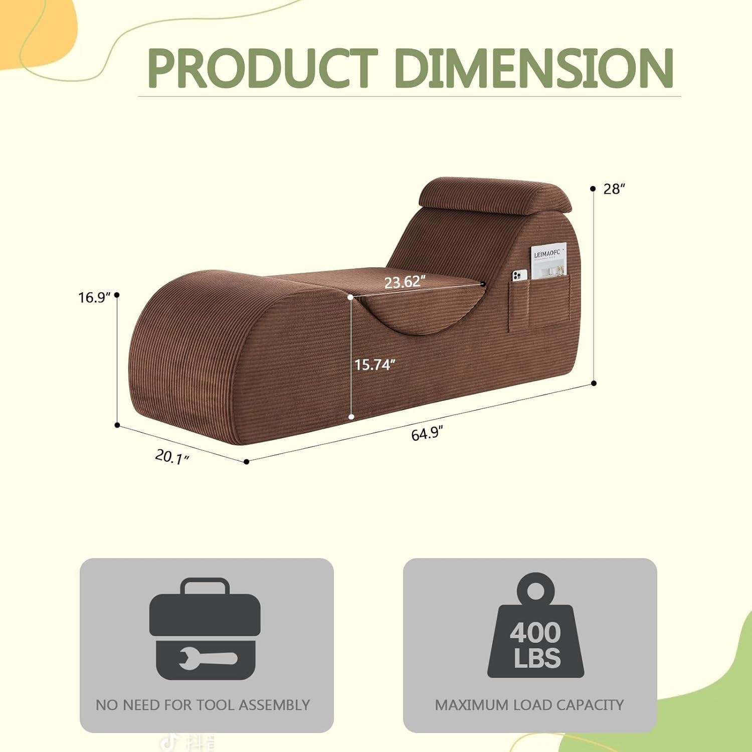 Yoga Chair Lounge for Adult, Ergonomic Chaise Lounge Chair with Side Pocket, Headrest, Waist Pad, Perfect for Stretching, Massage, and Relaxation, Used in Living Room, Bedroom（Brown）