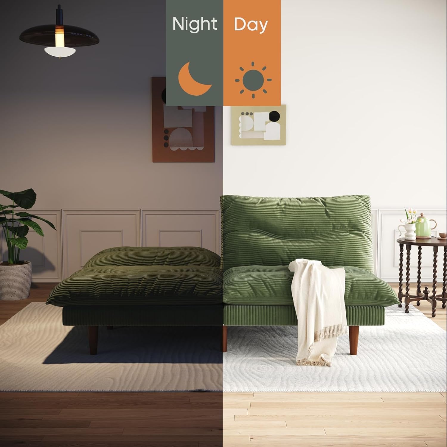 Futon Sofa Bed, 69 Inch Futon Couch with Adjustable Backrest, Corduroy Convertible Sleeper Sofa Bed, Folding Sleeper Recliner for Apartment, Living Room, Office, Green