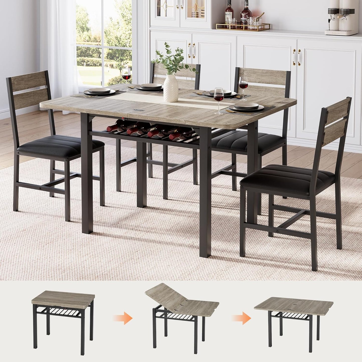 Dining Table Set for 4, Extendable Kitchen Table with 4 PU Leather Upholstered Dining Room Chairs, Wood Kitchen Table Set with Built-In Storage Rack for Dining & Small Spaces, Grey
