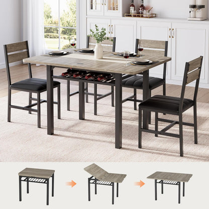 Dining Table Set for 4, Extendable Kitchen Table with 4 PU Leather Upholstered Dining Room Chairs, Wood Kitchen Table Set with Built-In Storage Rack for Dining & Small Spaces, Grey