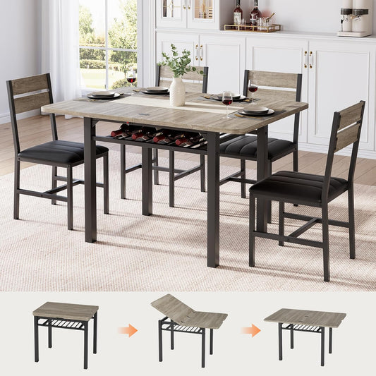 Dining Table Set for 4, Extendable Kitchen Table with 4 PU Leather Upholstered Dining Room Chairs, Wood Kitchen Table Set with Built-In Storage Rack for Dining & Small Spaces, Grey