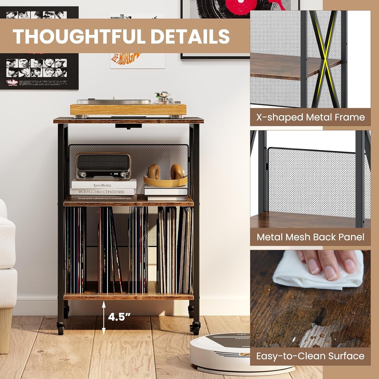 Record Player Stand with Charging Station, Turntable Stand with Record Storage & 4 Rolling Wheels, Vinyl Record Storage Table up to 250 Albums for Living Room, Bedroom (Dark Brown)