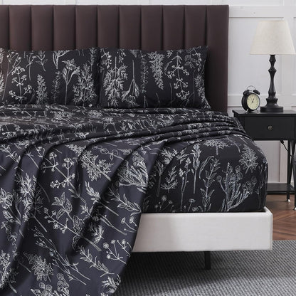 Grey Black Sheets King,Deep Pocket Sheets, 1800 Thread Count Pattrn Bed Sheets Soft Breathable Cute Printed Boho Farmhouse Bed Sheets, Oeko-Tex Certificated- up to 18 Inch