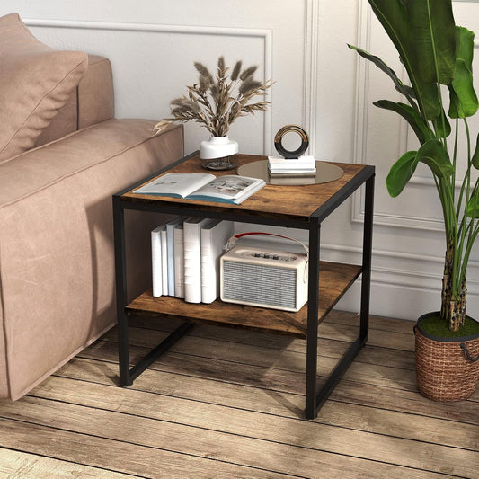Square End Table Set of 2, 2-Tier Sofa Side Table with Open Shelf, Metal Frame, Industrial Tea Table, Compact Nightstand for Small Space, Bedside Table for Living Room, Bedroom, Rustic Brown