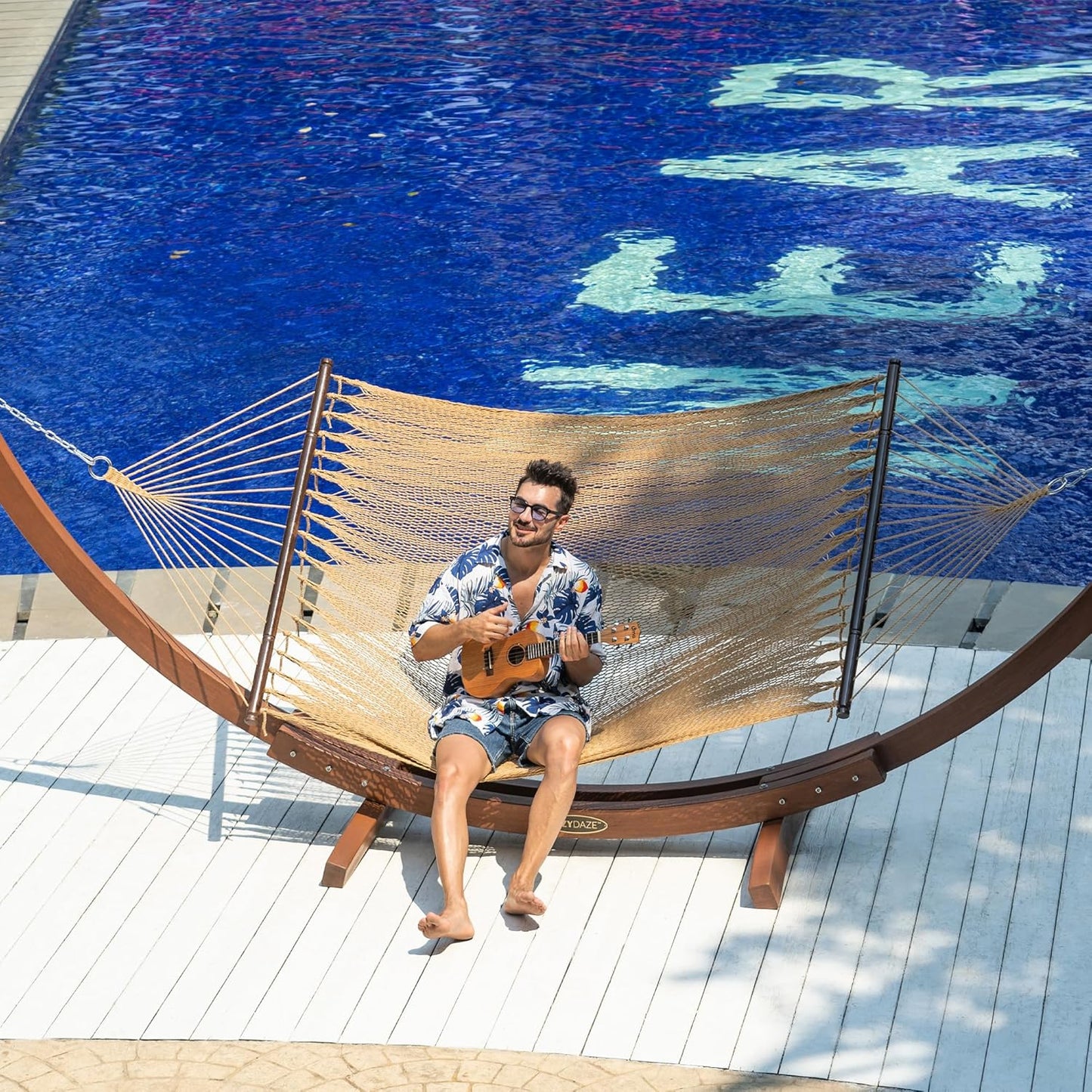 10.5 FT Double 2 Person Caribbean Rope Hammock, Hand Woven Polyester Hammock with Spreader Bars, for outside Outdoor Backyard Patio Poolside, 450 LBS Capacity, Tan