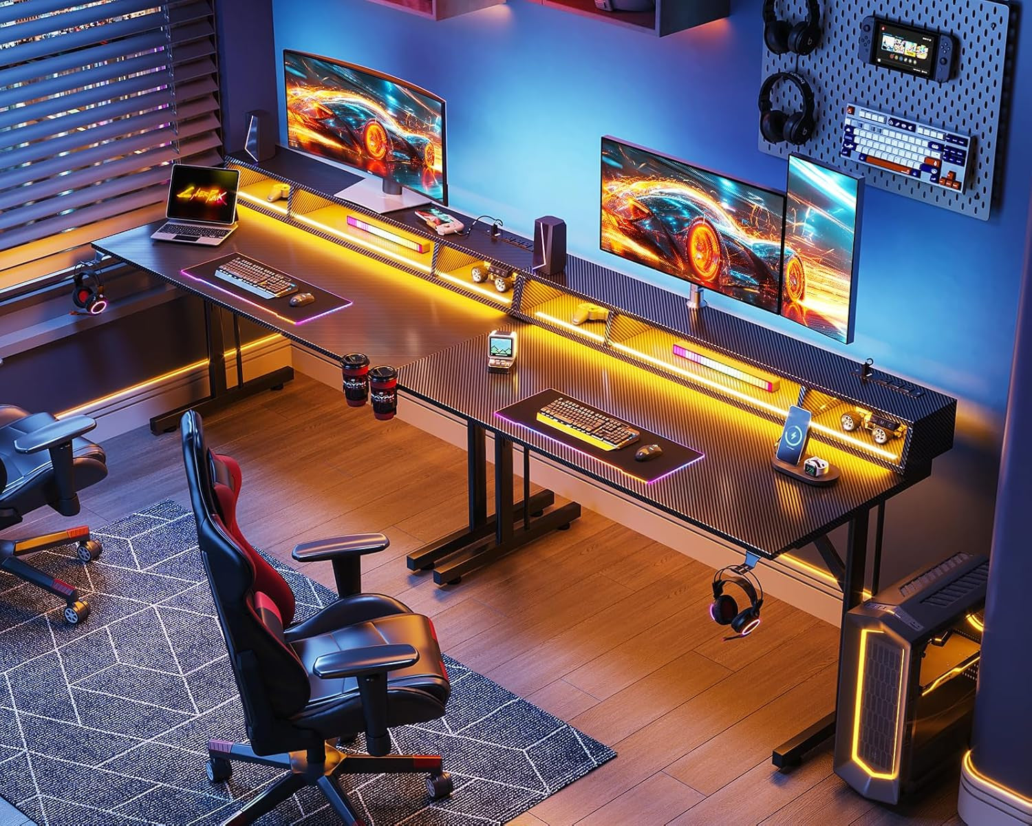 48 Inch Gaming Desk with LED Lights & Power Outlets, Small Computer Gaming Table with Float Monitor Stand, Kids Boys Desk with Carbon Fiber Texture