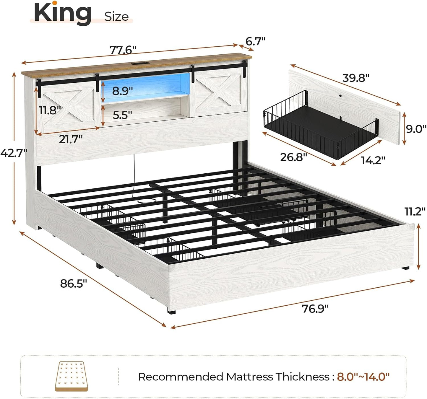 Farmhouse Bed Frame King Size with 4 Storage Drawers, Wooden Platform King Beds with Charging Station and LED Lights, Rustic Bed with Storage Headboard and Sliding Barn Door