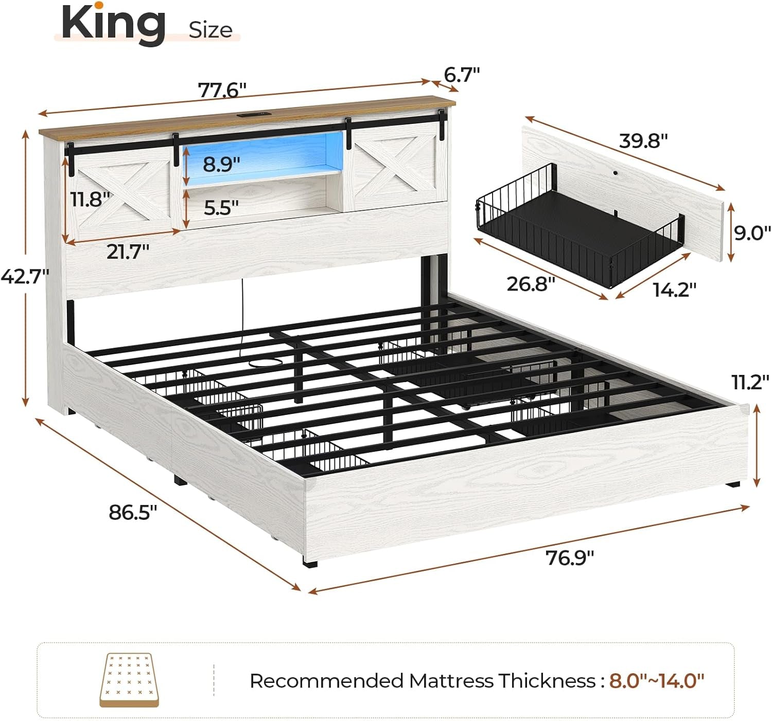 Farmhouse Bed Frame King Size with 4 Storage Drawers, Wooden Platform King Beds with Charging Station and LED Lights, Rustic Bed with Storage Headboard and Sliding Barn Door