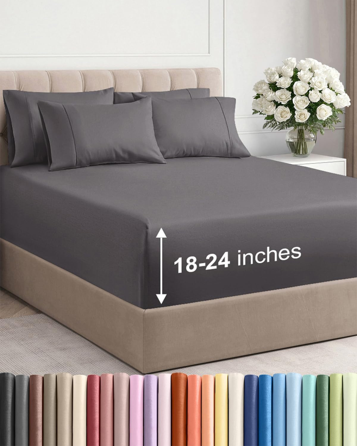 Extra Deep Queen Sheet Set - 6 Piece Breathable and Cooling Sheets - Hotel Luxury Bed Sheets Set - Easy & Secure Fit - Soft, Wrinkle Free and Comfy Sheets Set - Grey Sheet Set with Extra Deep Pockets