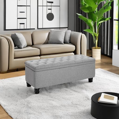 Storage Ottoman, Storage Bench, Tufted Entryway Bedroom Bench, 17.7 X 46.5 X 17.7 Inches, Hinges Easy Lid Operation, Wooden Legs, Linen-Look Cover, Loads 330 Lb, Light Gray ULOM070G02