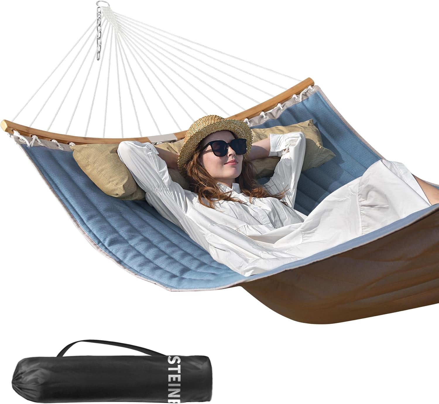 Double Hammock, 11 FT Quilted Fabric 2 Person Hammock for outside with Pillow, Folding Curved Spreader Bar, Chains, Carrying Bag, Indoor Outdoor, 450 IB Capacity, Jeansblue