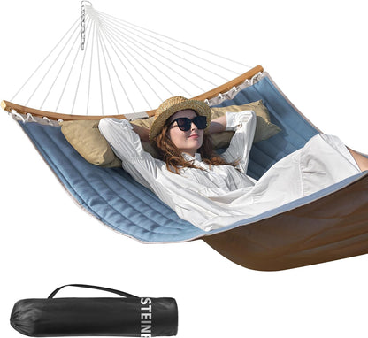 Double Hammock, 11 FT Quilted Fabric 2 Person Hammock for outside with Pillow, Folding Curved Spreader Bar, Chains, Carrying Bag, Indoor Outdoor, 450 IB Capacity, Jeansblue