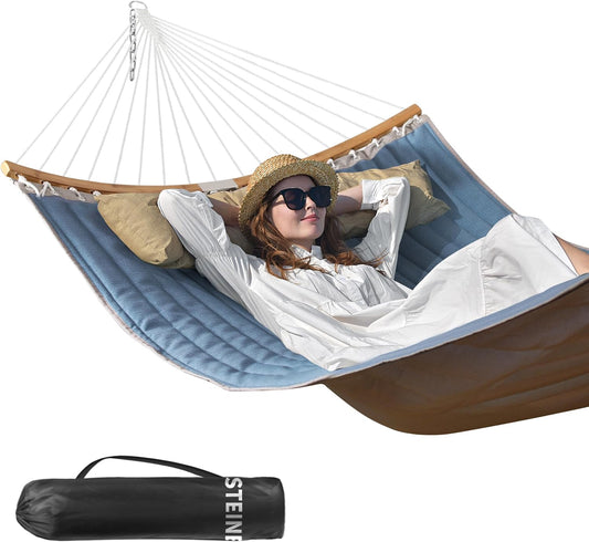 Double Hammock, 11 FT Quilted Fabric 2 Person Hammock for outside with Pillow, Folding Curved Spreader Bar, Chains, Carrying Bag, Indoor Outdoor, 450 IB Capacity, Jeansblue