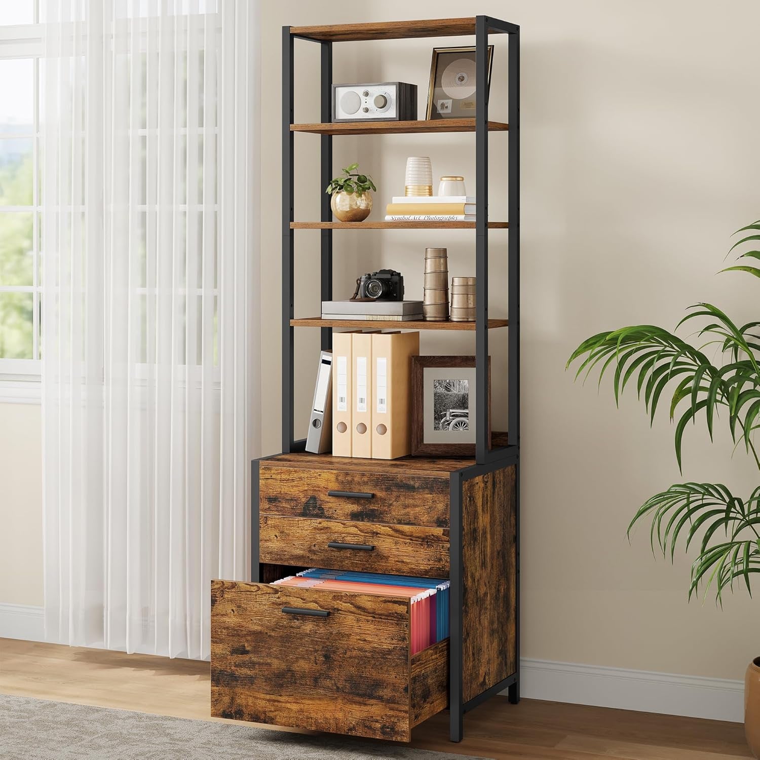 Lateral File Cabinet, Home Office Printer Stand, 2-Drawer Filing Cabinet, with Anti-Tip Interlocking Mechanism, for A4, Letter-Size, Legal-Size Hanging Files, Rustic Brown and Ink Black