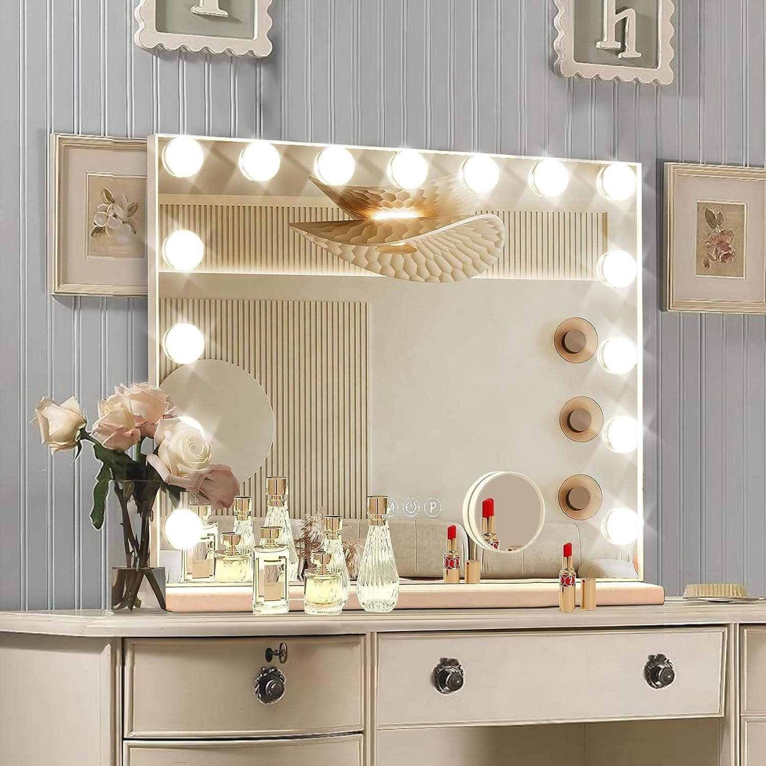 Hollywood Vanity Mirror with Lights, 15 Dimmable Bulbs, 3 Color Lights,Make up Lighted Mirror, Aluminum Metal Frame, USB Charging Port（23" X 18"）