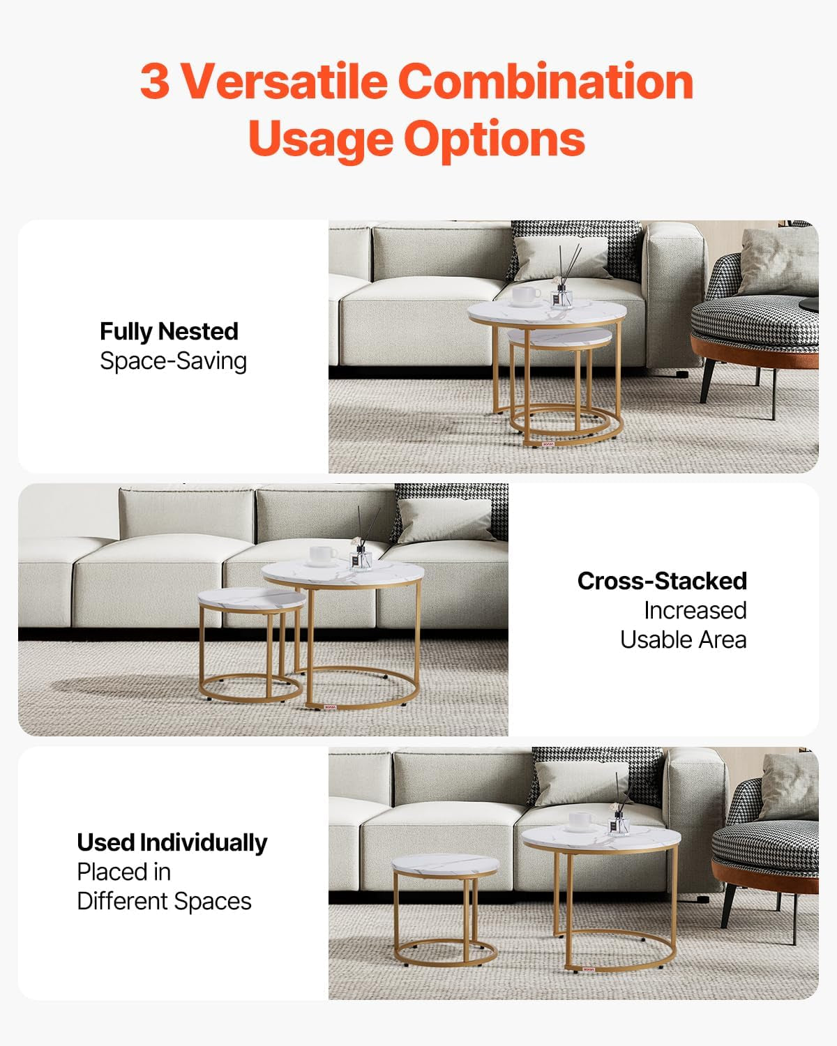 Nesting Coffee Table Set of 2, 23.6 in round Coffee Table, Nesting Tables for Small Place, Vintage End Side Tables Night Stand with Metal Frame, for Living Room, Bedroom, Office (White & Gold)