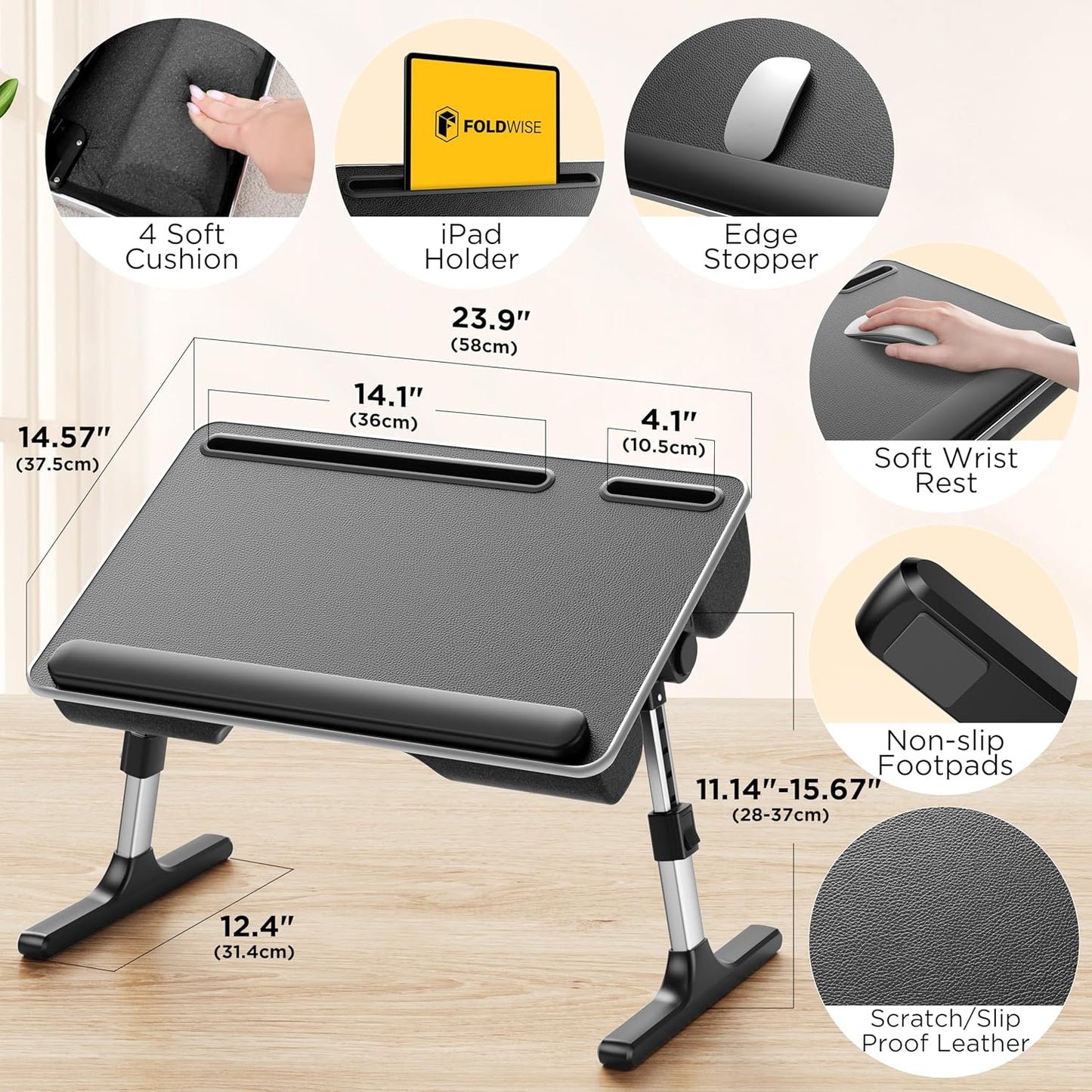 2-In-1 Lap & Bed Desk with Soft Cushions - Adjustable Height & Angle, Foldable Laptop Stand for Bed & Couch - Wrist Rest, Ipad Holder, Stopper & Non-Slip Leather - Bed Table for Adults & Kids