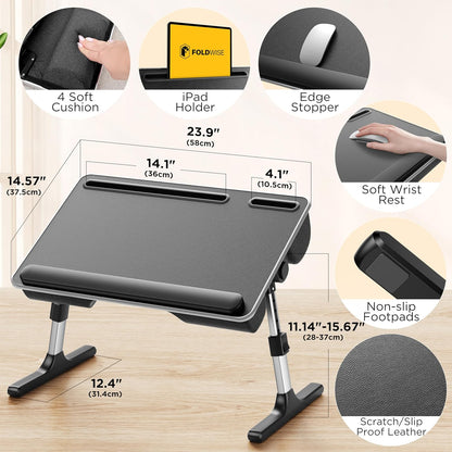 2-In-1 Lap & Bed Desk with Soft Cushions - Adjustable Height & Angle, Foldable Laptop Stand for Bed & Couch - Wrist Rest, Ipad Holder, Stopper & Non-Slip Leather - Bed Table for Adults & Kids