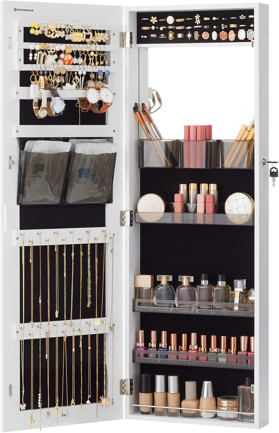 55 Inches Tall Spacious Jewelry Cabinet, Jewelry Armoire with Light-Up Interior Mirror, Wall or Door Mounted Jewelry Storage Organizer, Lockable, Gift Idea, Cloud White UJJC032W01