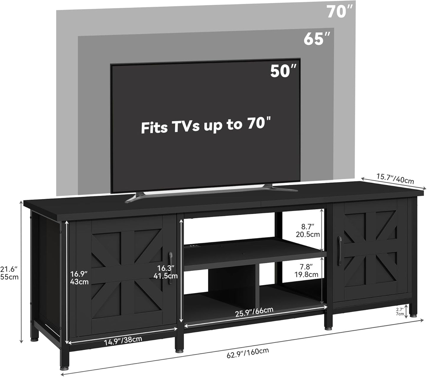 TV Stand with LED Lights & Charging Station, Farmhouse Entertainment Center with Storage Cabinets & Shelves, Cross-Pattern Doors, Fits Tvs up to 70'', TV Consoles for Living Room, Black