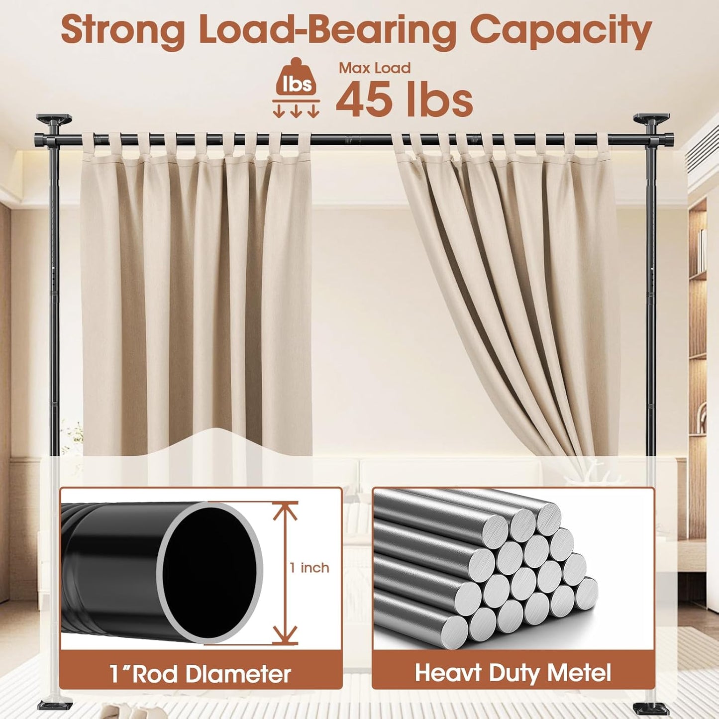 Room Divider Curtain Rod, No Drilling Room Separator for Space Partition Adjustable 4-10Ft(H) 28-70Inch(W) Heavy Duty Temporary Wall Divider Floor to Ceiling Tension Rod, Black